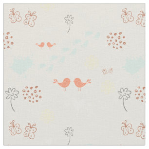 Tissu Crème rétro coloré motif d'oiseaux, points, pieds