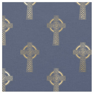 Tissu Croix celtique d'or sur bleu marine