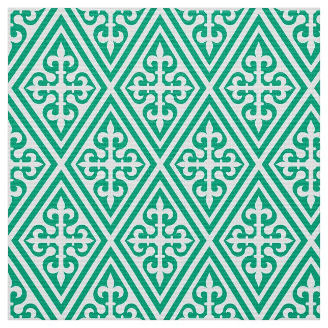 Tissu Croix médiévale Damask - Turquoise et blanc (Échantillon)