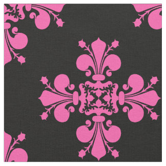 Tissu Croix médiévale rose et noire Fleur de lis motif