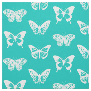 Tissu Croquis de papillon, bleu turquoise et blanc