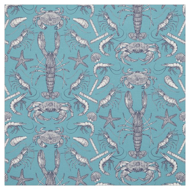 Tissu crustacés de corne bleu damassé turquoise (Échantillon)