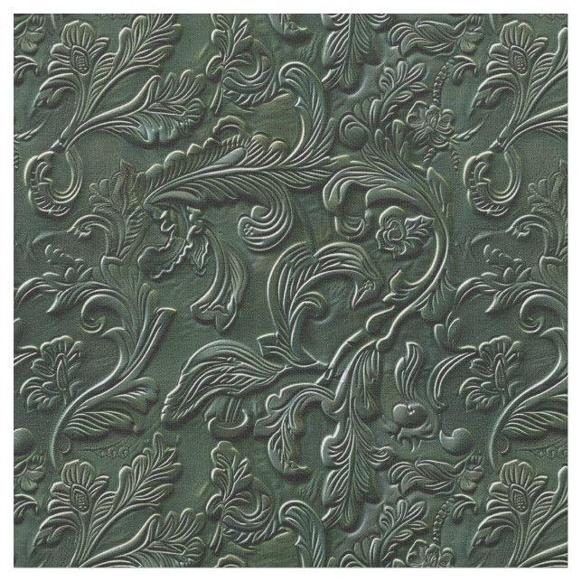 Tissu Cuir floral rustique vert foncé travaillé (Fermer)