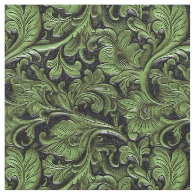 Tissu Cuir floral vert chic noir travaillé (Fermer)