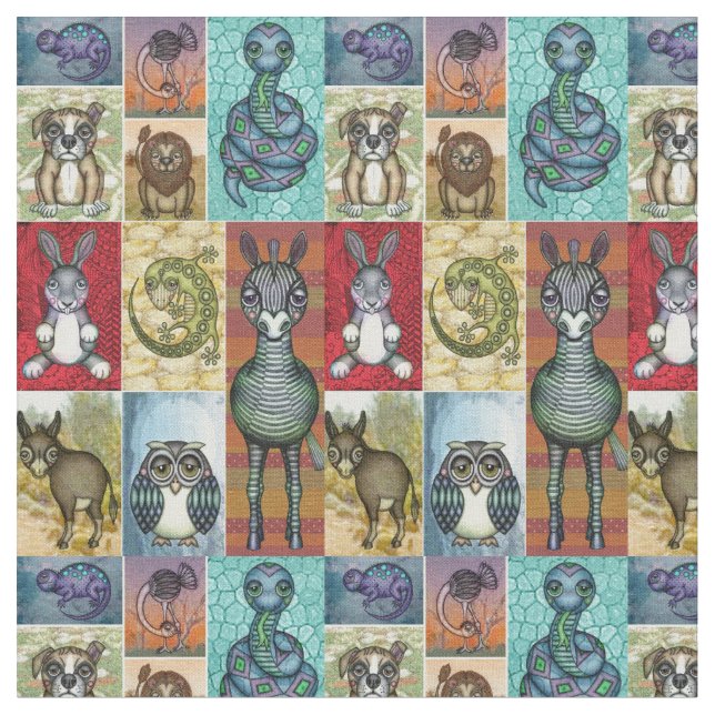 Tissu Cute Animal Collage Folk Art Design (Fermer)