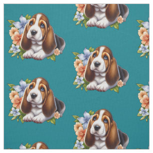 Tissu Cute Basset Hound Chiot assis avec des fleurs