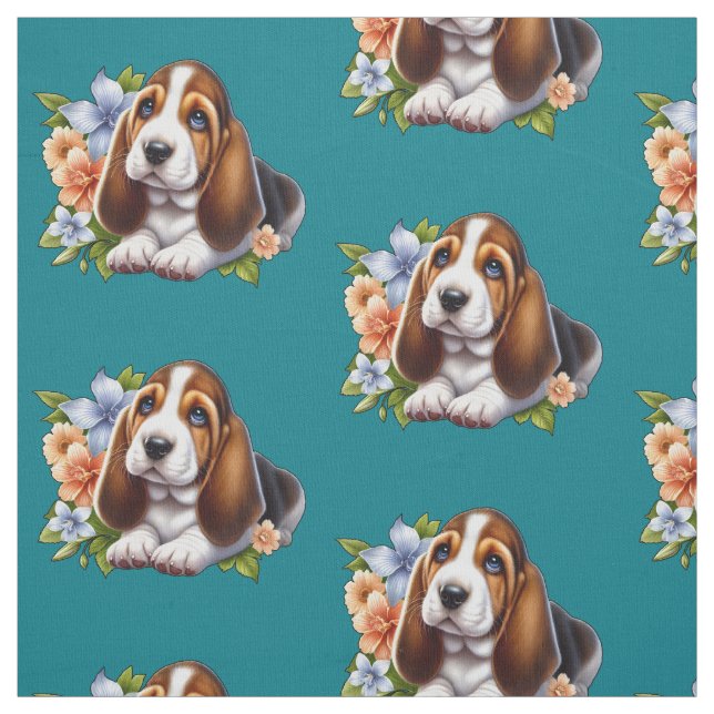 Tissu Cute Basset Hound Chiot assis avec des fleurs (Échantillon)