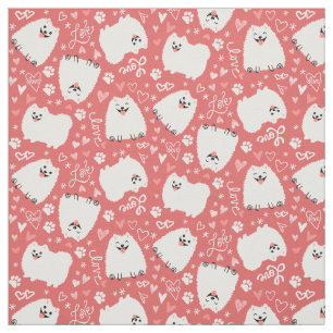 Tissu Cute Blanc Poméraniens Motif avec Coeurs Rose