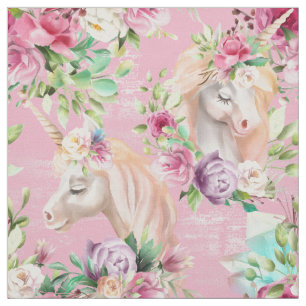 Tissu Cute Blanc Unicornes Crème Rose Aquarelle Fleurs