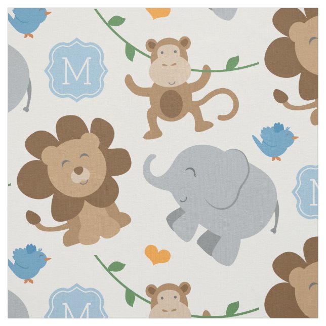 Tissu Cute Blue Jungle Animaux Baby Boy Custom Monogramm (Échantillon)