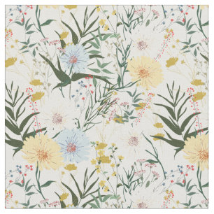 Tissu Cute botanique ivoire et bleu l blanc