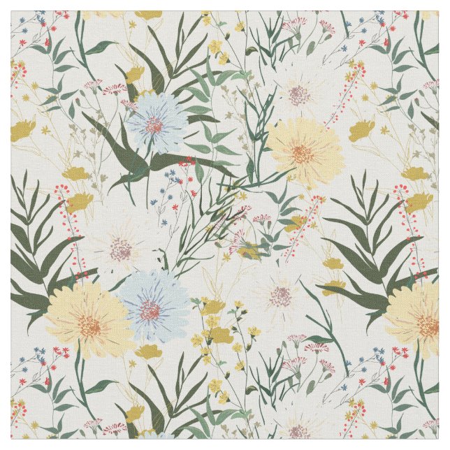 Tissu Cute botanique ivoire et bleu l blanc (Fermer)