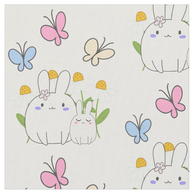 Tissu Cute Bunnies avec marguerites de printemps et papi (Fermer)