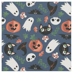 Tissu Cute Chats et Citrouille Marine Bleu Halloween Mot