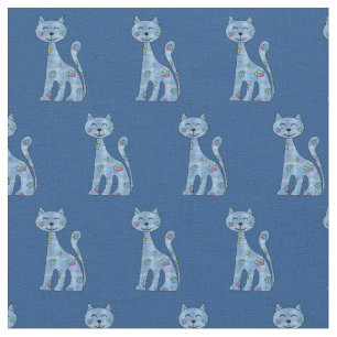 Tissu Cute Denim n Fleurs Cartoon Fabric de chats