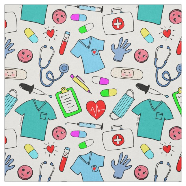 Tissu Cute Doctor Nurse Médicale Fournitures Motif (Échantillon)