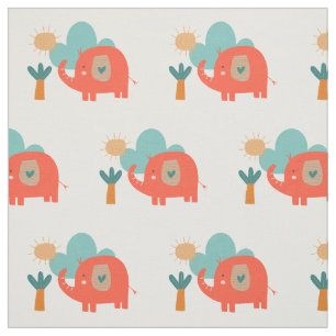 Tissu Cute Elephant Nuage Arbre Soleil Motif Rouge Turqu