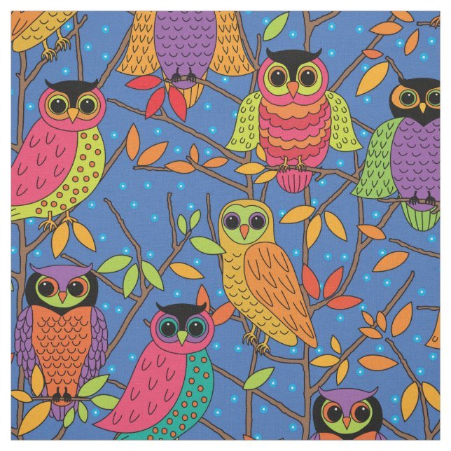 Tissu Cute Halloween Owl Orange Green Blue Motif (Échantillon)