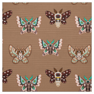 Tissu Cute Kawaii Chibi Moths on Coffee Tan