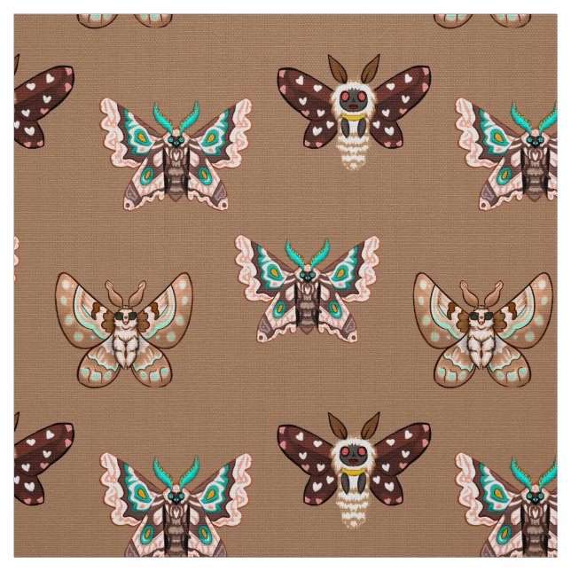 Tissu Cute Kawaii Chibi Moths on Coffee Tan (Échantillon)