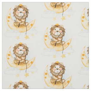 Tissu Cute Lion Pêche sur l'aquarelle de la lune