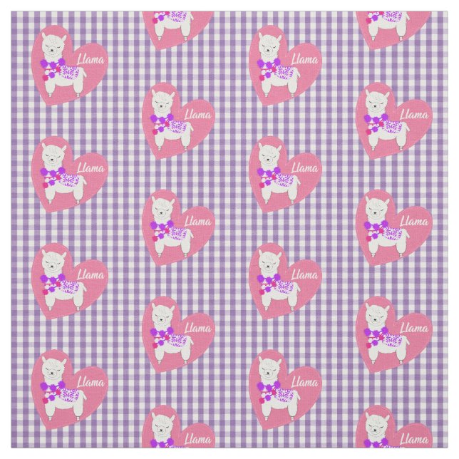 Tissu Cute Llama Coeur En vichy Plaid rose violet blanc (Échantillon)
