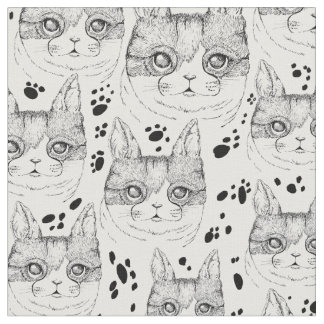 Tissu Cute Noir et Blanc Serene Cat Motif visage 