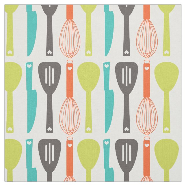 Tissu Cute Retro Green Orange Kitchen Ustensiles Motif (Échantillon)