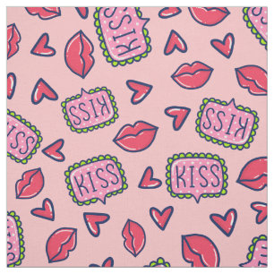 Tissu Cute Rose Lips Baisers & Coeurs Doodle Patterné