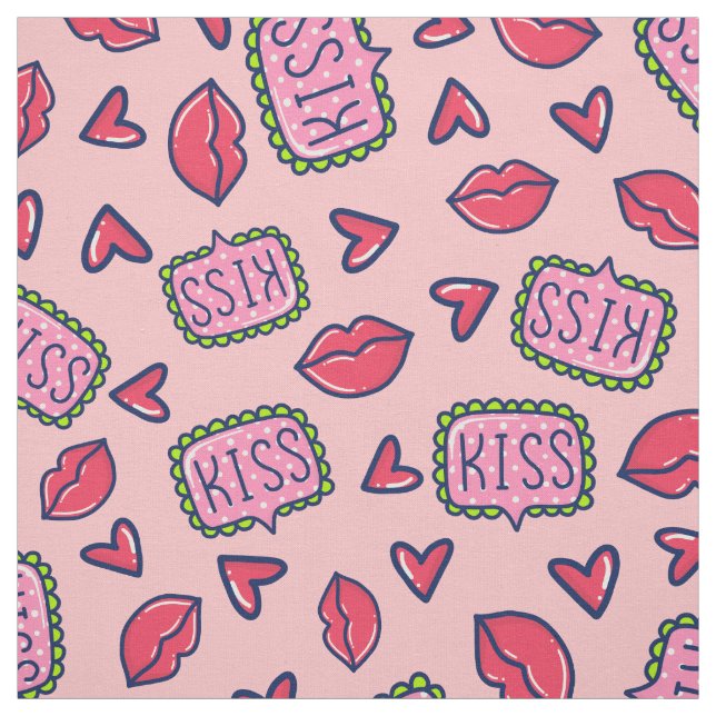 Tissu Cute Rose Lips Baisers & Coeurs Doodle Patterné (Échantillon)