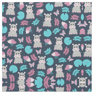 Tissu Cute rose Turquoise Hippo Papillon Floral Lily Pad