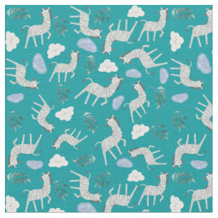 Tissu Cute safari zèbre chevaux jungle animaux bleu