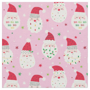 Tissu Cute Santas aux barbes festives rose