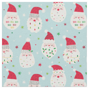 Tissu Cute Santas avec des barbes festives bleu clair