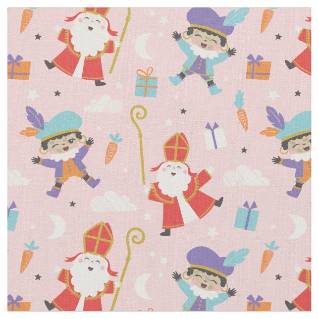 Tissu Cute Sinterklaas et Piet Motif en rose (Fermer)