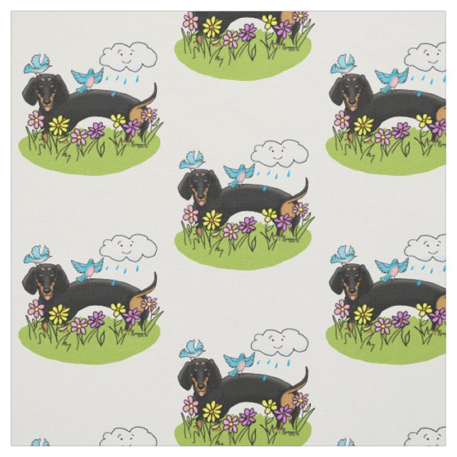 Tissu Dachshund de printemps (noir et tan) Mignonne chie (Échantillon)