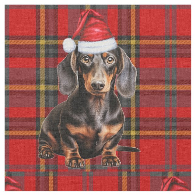 Tissu Dachshund with a Red Green Plaid Holiday Fabric (Fermer)