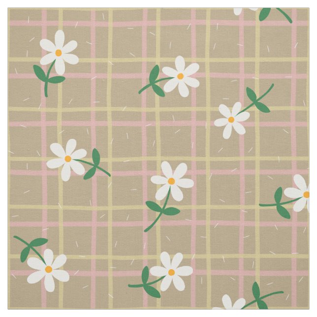 Tissu Daisies on Brown Plaid (large scale) (Échantillon)