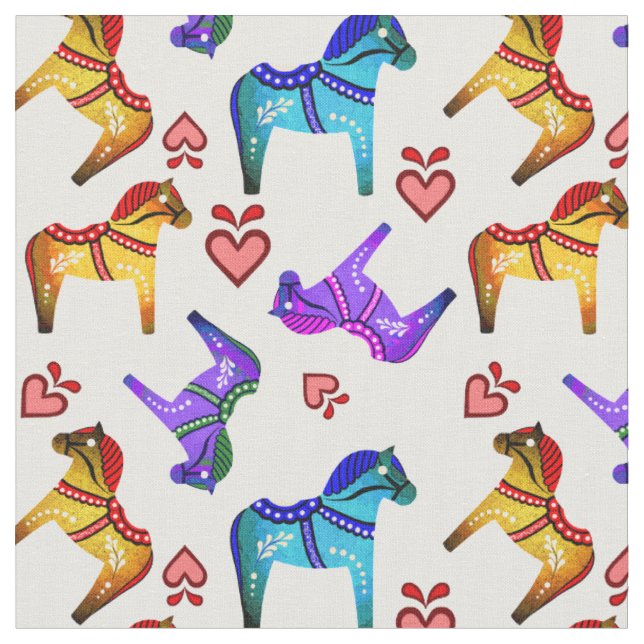 Tissu Dala folk cheval bleu/rouge/rose/violet/vert, coeu (Fermer)