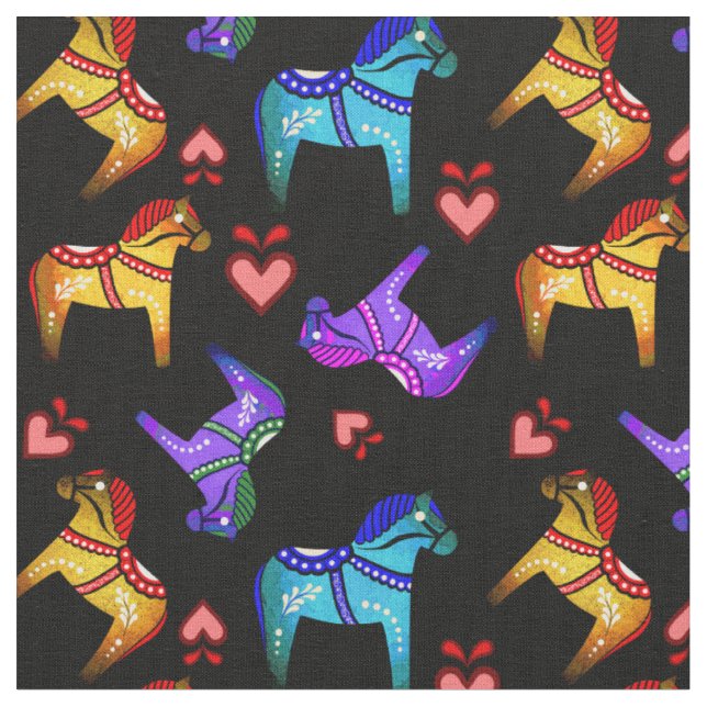 Tissu Dala folk cheval bleu/rouge/rose/violet/vert, coeu (Fermer)