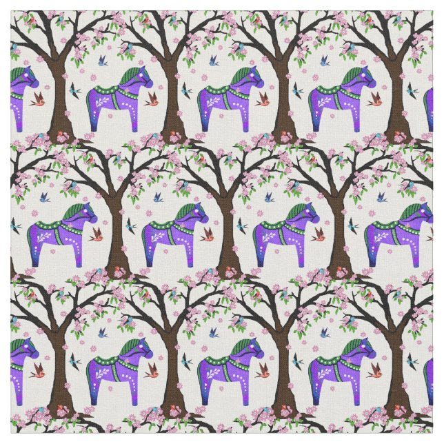 Tissu Dala violet/vert folk cheval/folk oiseaux/fleurs (Fermer)
