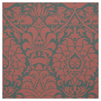 Tissu Damas avec Lions, Rouge foncé sur Noir