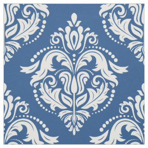 Tissu Damas florales blanches et bleues Motif géométriqu