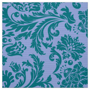 Tissu Damas florales bleu Poudre et bleu-vert