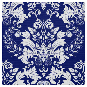 Tissu Damas Florales Ornées Blanches Et Bleues