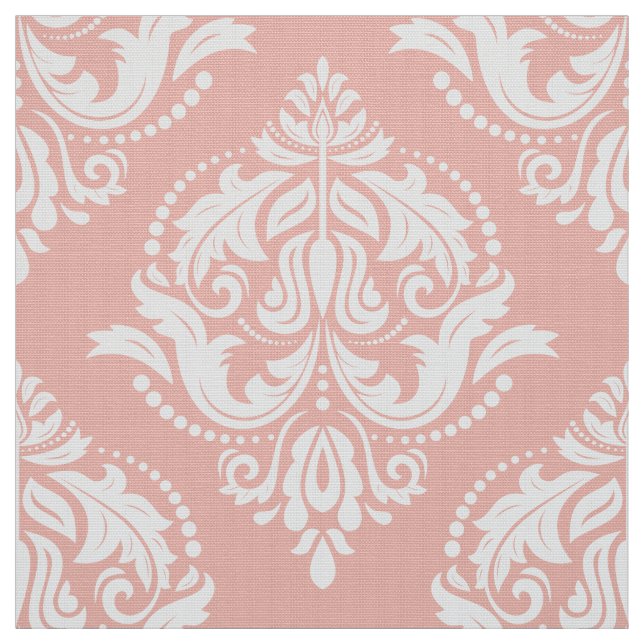 Tissu Damas Florales Ornées Blanches Et Saumons (Échantillon)