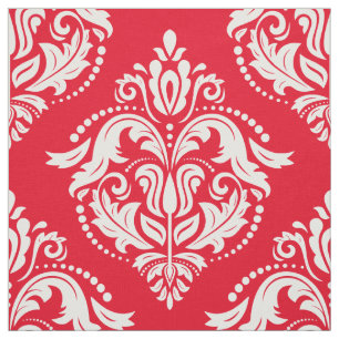 Tissu Damas florales rouges et blanches Motif géométriqu
