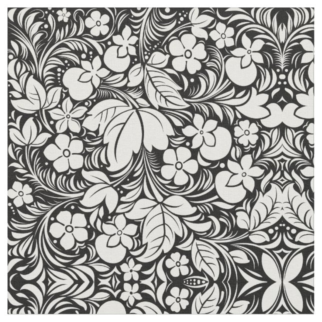 Tissu Damassé florale tropicale blanche noire (Fermer)