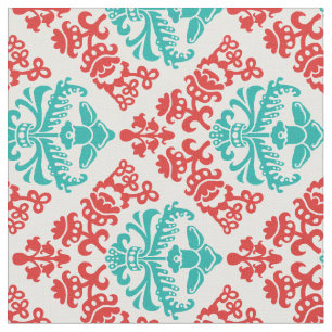 Tissu Damassé rouge et turquoise