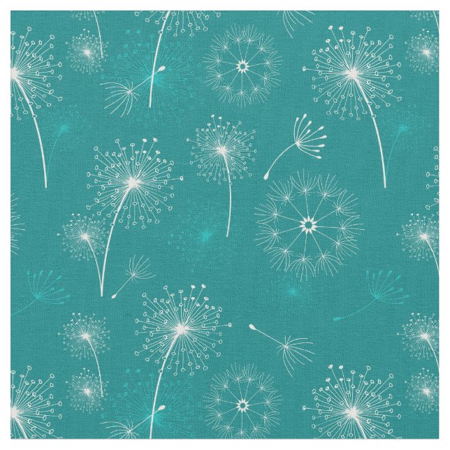 Tissu Dandelions d'été Turquoise et blanc motif floral (Fermer)